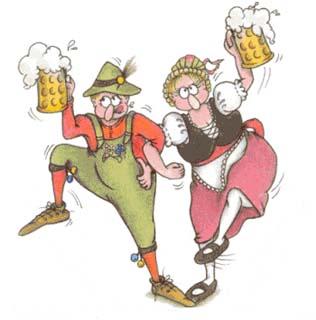 С днем пивовара! Мужчина и женщина танцуют с кружками пива