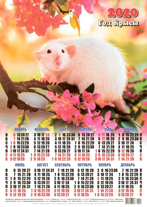 Календарь 2020 г. Год Крысы. Мышка на цветущем дереве