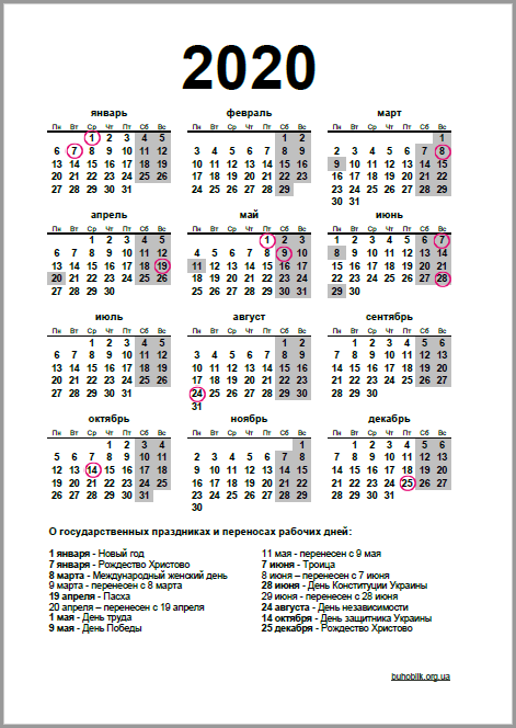 Вертикальный календарь 2020 года с основными датами