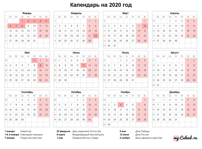 Календарь 2020 года с основными праздниками