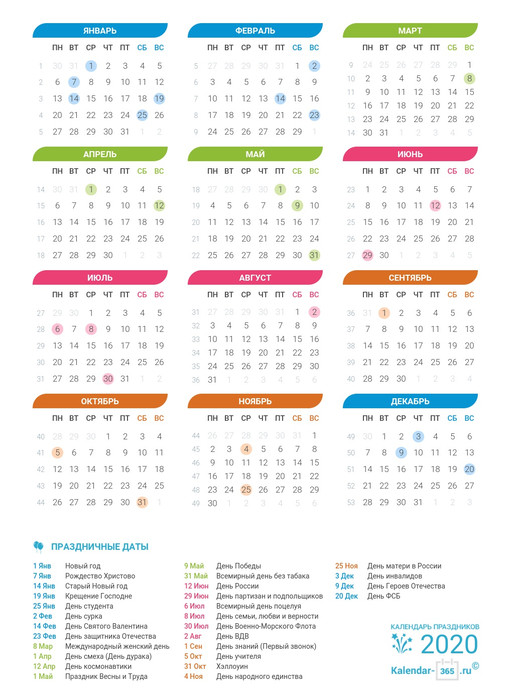Календарь 2020 года с праздничными датами