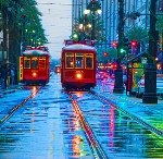 Трамваи в городе дождливым утром