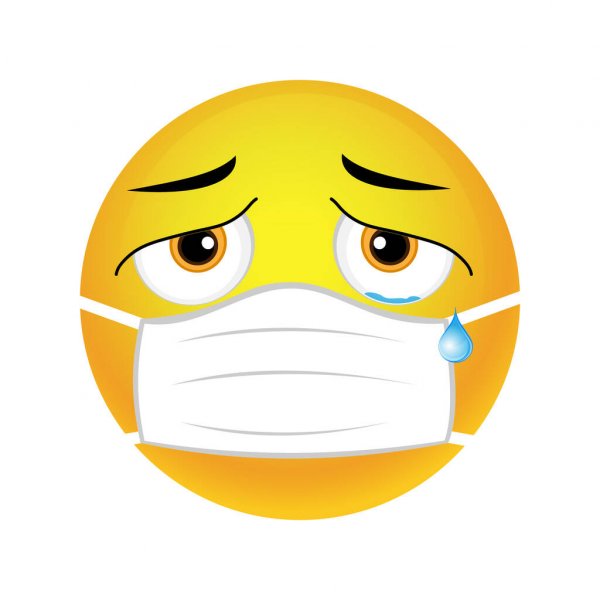 Огорченный смайлик в маске медицинской плачет
