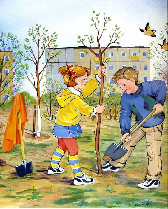 Раскраски сад, Раскраска Дети садят дерево дерево.